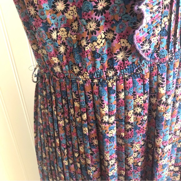 Vintage Ruffles Pleats Floral Dress Long Sleeve Colorful Fuchsia Lavender Silky - Picture 4 of 16